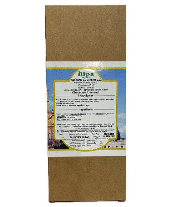 CHOCOLATE CON LECHE Y ALMENDRAS ILIPA 110 G – ARTESANAL DE OLVERA (CÁDIZ)
