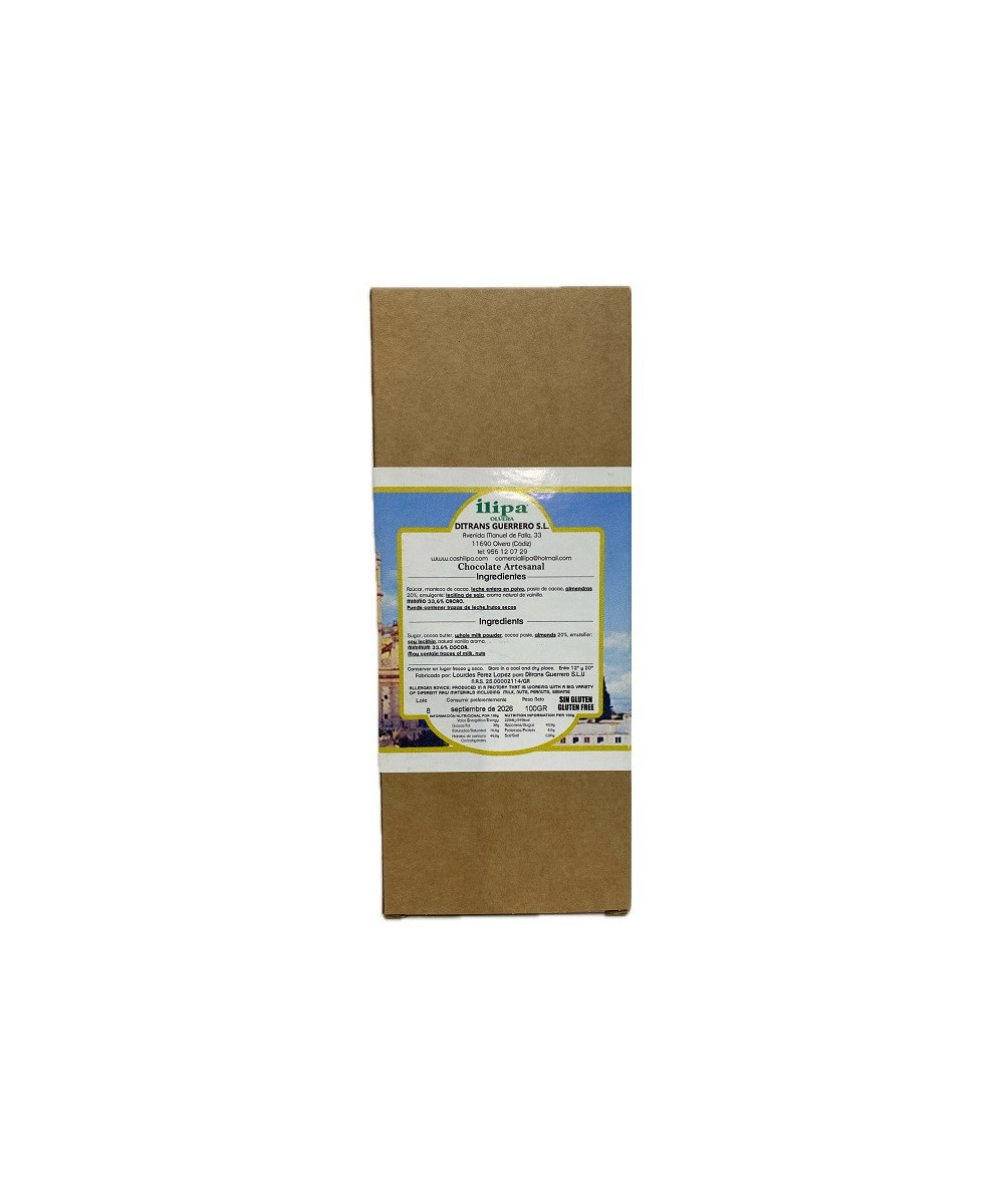 CHOCOLATE CON LECHE Y ALMENDRAS ILIPA 110 G – ARTESANAL DE OLVERA (CÁDIZ)
