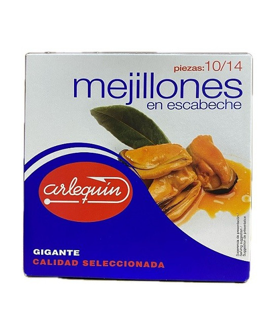 MEJILLONES EN ESCABECHE GIGANTES 10/14 PIEZAS 266 gr ARLEQUÍN CALIDAD 