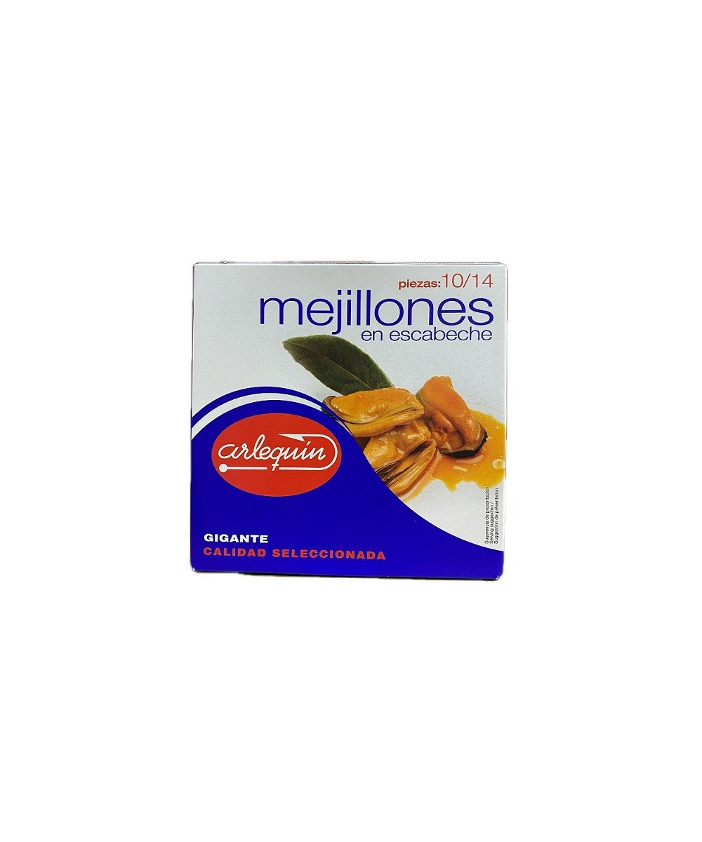 MEJILLONES EN ESCABECHE GIGANTES 10/14 PIEZAS 266 gr ARLEQUÍN CALIDAD SELECCIONADA 