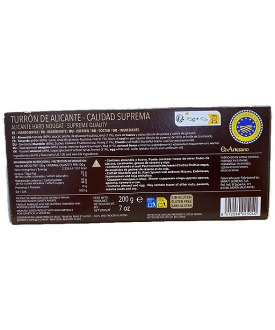 TURRÓN DE ALICANTE EL ARTESANO 200G CALIDAD SUPREMA