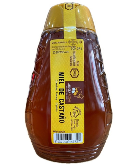 MIEL DE CASTAÑO APÍCOLA PATIÑO 500 G – ENVASE PLÁSTICO ANTIGOTEO ARTESANAL CONIL