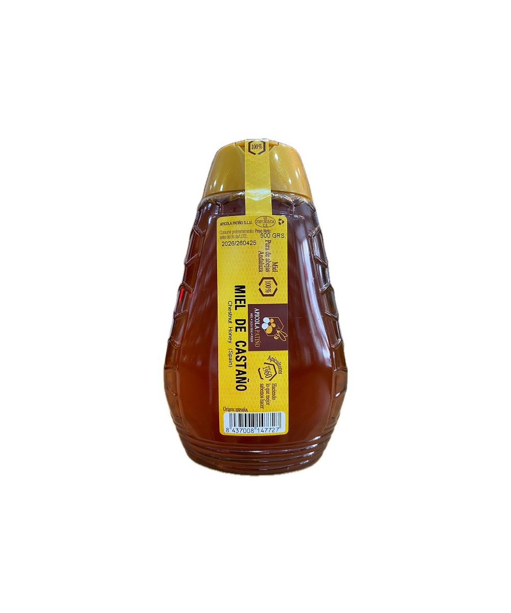 MIEL DE CASTAÑO APÍCOLA PATIÑO 500 G – ENVASE PLÁSTICO ANTIGOTEO ARTESANAL CONIL