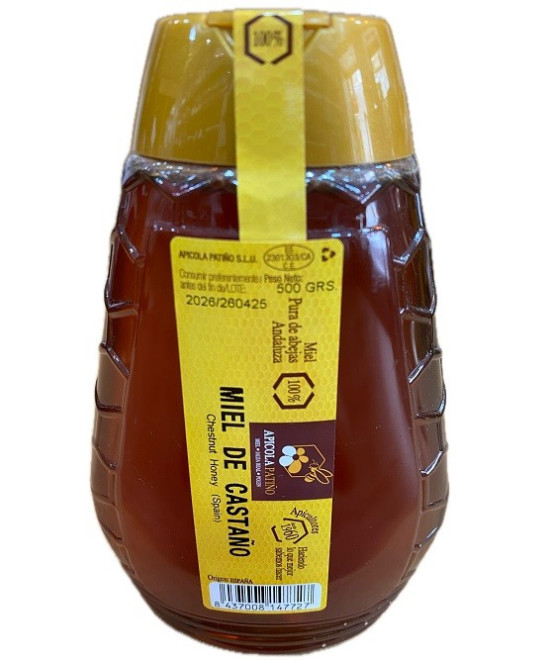 MIEL DE CASTAÑO APÍCOLA PATIÑO 500 G – ENVASE PLÁSTICO ANTIGOTEO ARTESANAL CONIL