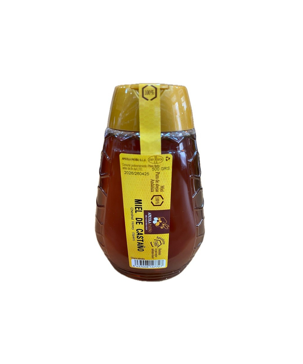 MIEL DE CASTAÑO APÍCOLA PATIÑO 500 G – ENVASE PLÁSTICO ANTIGOTEO ARTESANAL CONIL