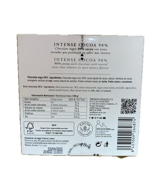 CHOCOLATE ARTESANO 90% INTENSE COCOA 40g PANCRACIO