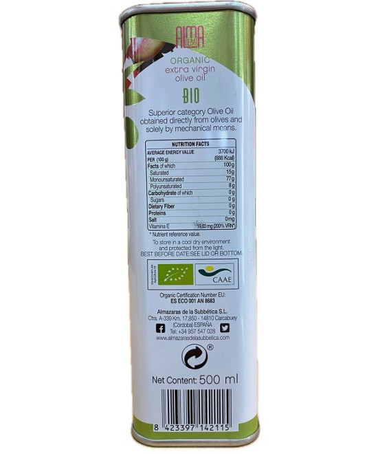 ACEITE DE OLIVA VIRGEN EXTRA ECOLÓGICO 500ML ALMAOLIVA BIO EN LATA