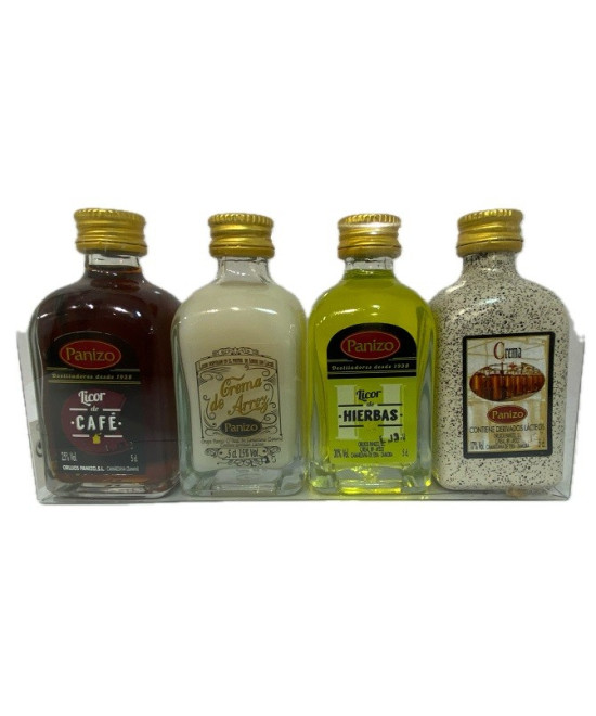 PACK MINIATURAS LICORES PANIZO 4×5 CL – CAFÉ, HIERBAS, CREMA DE ARROZ Y ORUJO