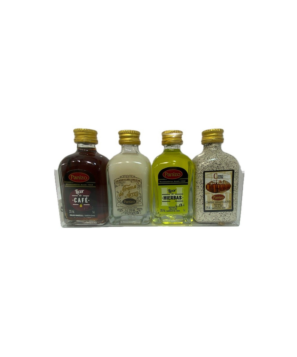 PACK MINIATURAS LICORES PANIZO 4×5 CL – CAFÉ, HIERBAS, CREMA DE ARROZ Y ORUJO