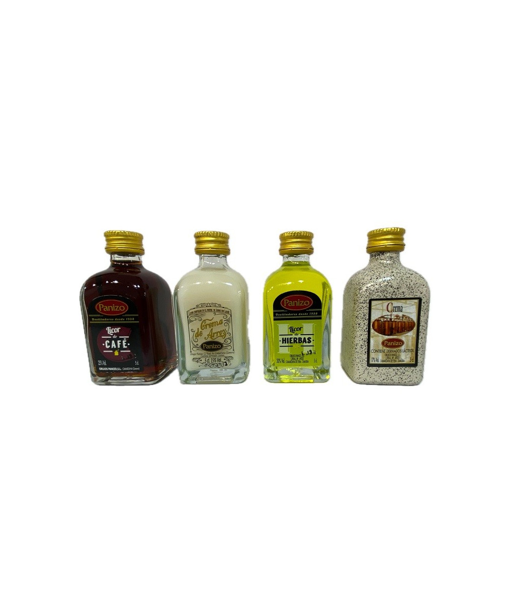 PACK MINIATURAS LICORES PANIZO 4×5 CL – CAFÉ, HIERBAS, CREMA DE ARROZ Y ORUJO