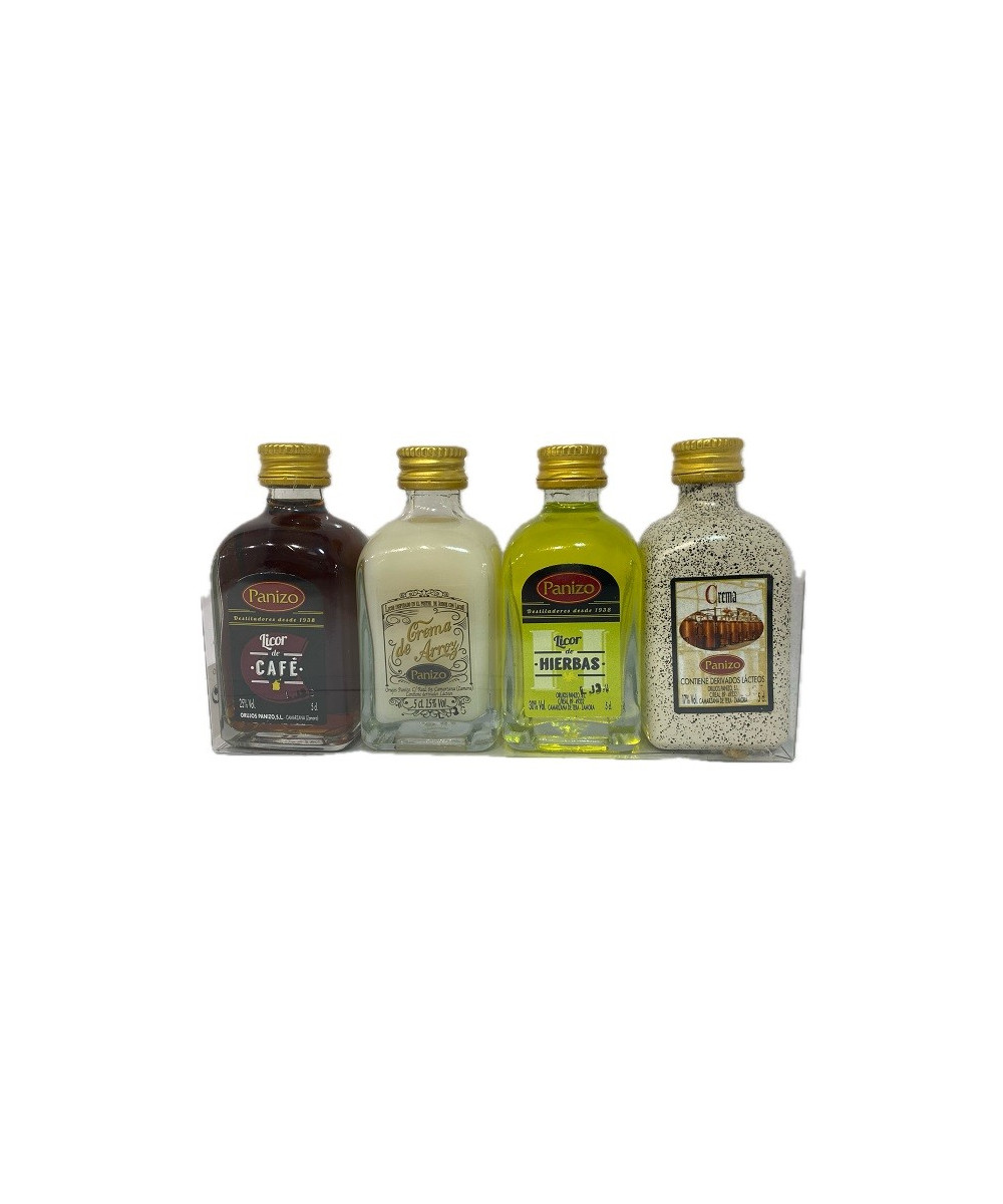 PACK MINIATURAS LICORES PANIZO 4×5 CL – CAFÉ, HIERBAS, CREMA DE ARROZ Y ORUJO