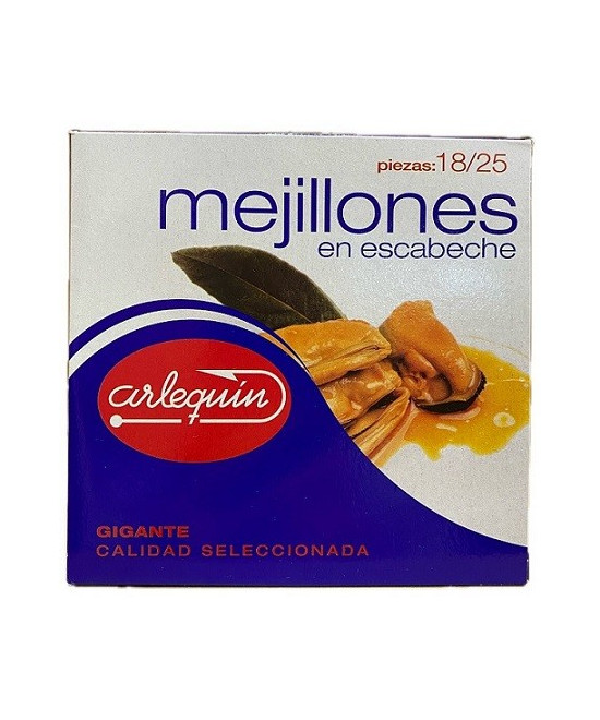 MEJILLONES EN ESCABECHE GIGANTES 18/25 PIEZAS 523 gr ARLEQUÍN CALIDAD 