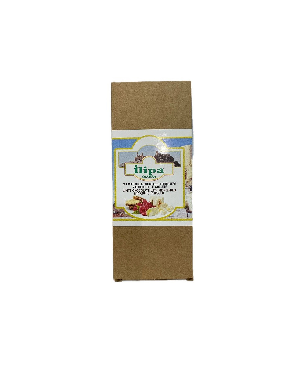 CHOCOLATE BLANCO CON FRAMBUESA Y CRUJIENTE DE GALLETA ILIPA 110 G – ARTESANAL DE OLVERA (CÁDIZ)