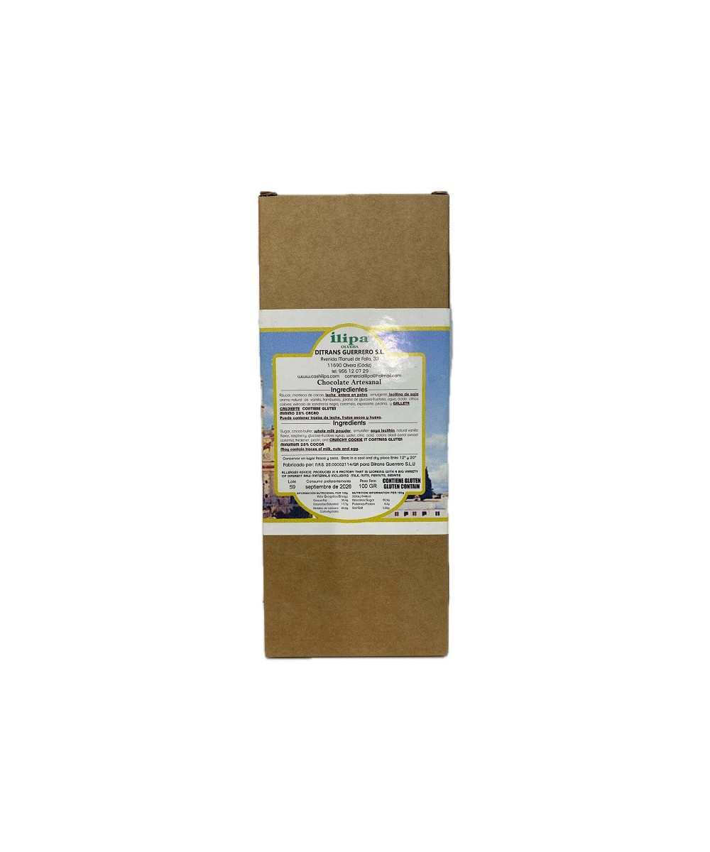 CHOCOLATE BLANCO CON FRAMBUESA Y CRUJIENTE DE GALLETA ILIPA 110 G – ARTESANAL DE OLVERA (CÁDIZ)