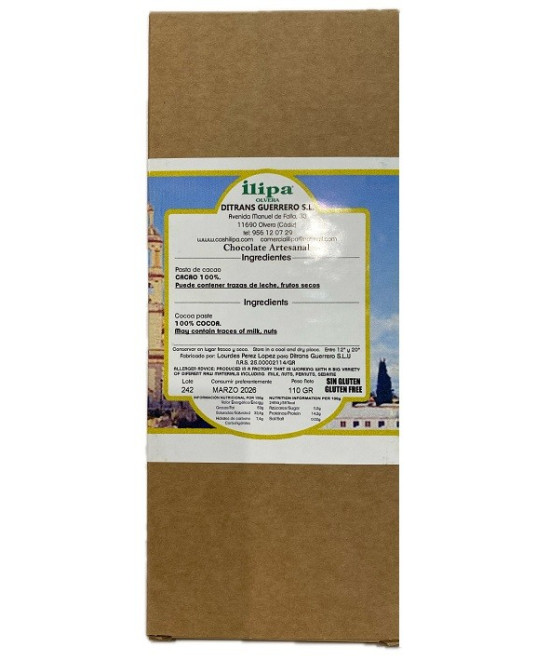 CHOCOLATE NEGRO 100% ILIPA 110 G – PURO Y ARTESANAL DE OLVERA (CÁDIZ)