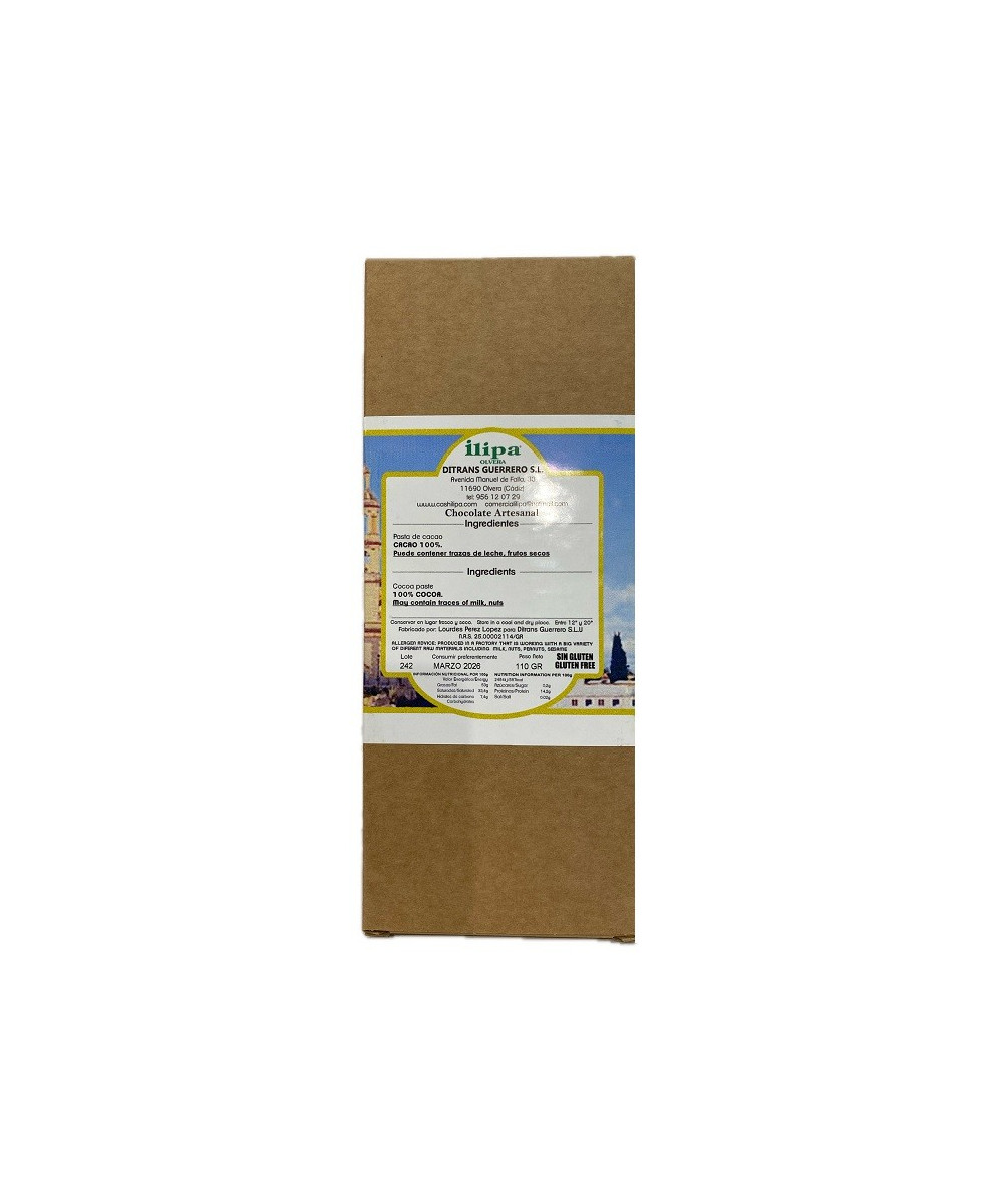 CHOCOLATE NEGRO 100% ILIPA 110 G – PURO Y ARTESANAL DE OLVERA (CÁDIZ)