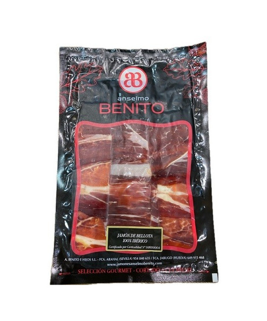 JAMÓN DE BELLOTA 100% IBÉRICO LONCHEADO A CUCHILLO ANSELMO BENITO 100 G