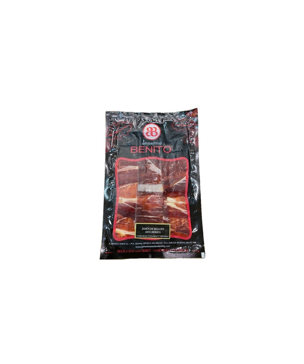 JAMÓN DE BELLOTA 100% IBÉRICO LONCHEADO A CUCHILLO ANSELMO BENITO 100 G