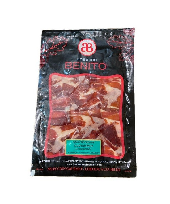 JAMÓN DE CEBO CAMPO IBÉRICO 50% RAZA IBÉRICA LONCHEADO A CUCHILLO ANSELMO BENITO 100 G