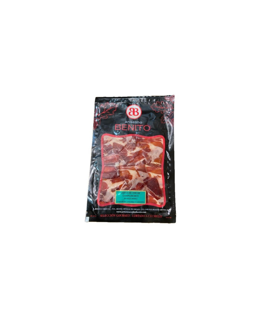 JAMÓN DE CEBO CAMPO IBÉRICO 50% RAZA IBÉRICA LONCHEADO A CUCHILLO ANSELMO BENITO 100 G