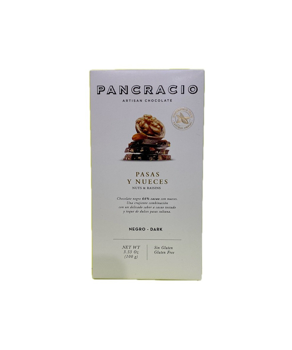 TABLETA CHOCOLATE NEGRO 64% PASAS Y NUECES PANCRACIO 100G – GOURMET ARTESANAL