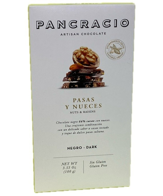 TABLETA CHOCOLATE NEGRO 64% PASAS Y NUECES PANCRACIO 100G – GOURMET ARTESANAL