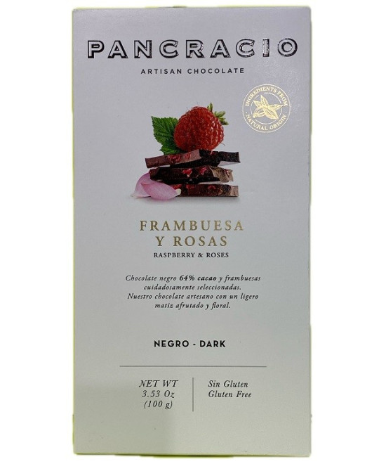 TABLETA CHOCOLATE NEGRO 64% FRAMBUESAS Y ROSAS PANCRACIO 100G – GOURMET ESPAÑOL