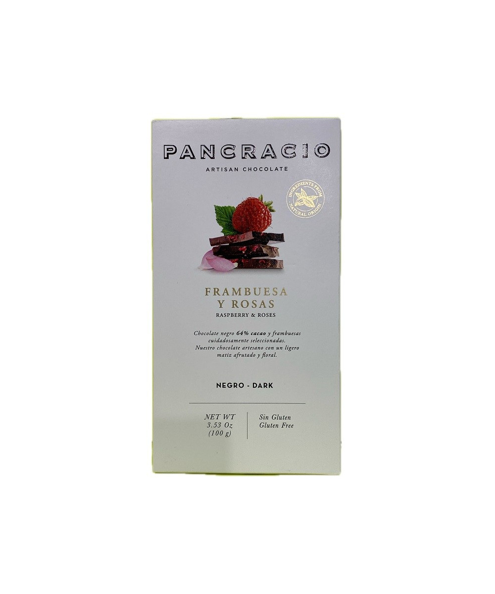 TABLETA CHOCOLATE NEGRO 64% FRAMBUESAS Y ROSAS PANCRACIO 100G – GOURMET ESPAÑOL