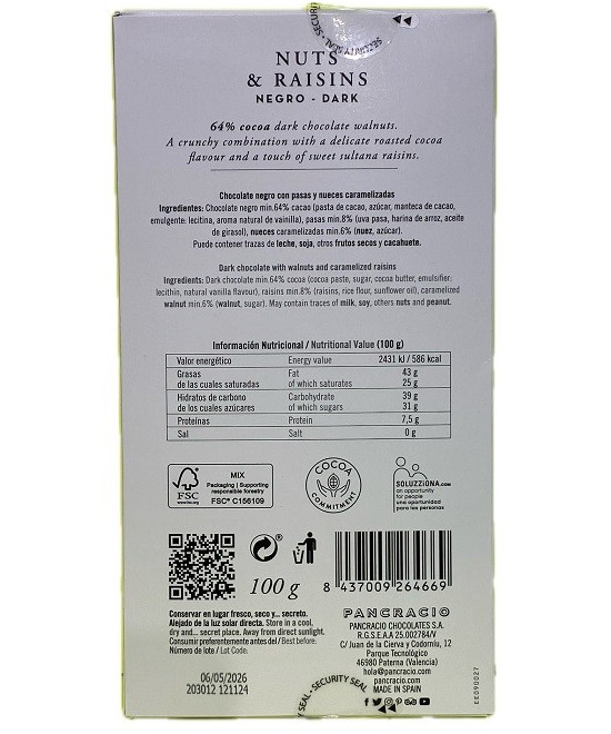 TABLETA CHOCOLATE NEGRO 64% PASAS Y NUECES PANCRACIO 100G – GOURMET ARTESANAL