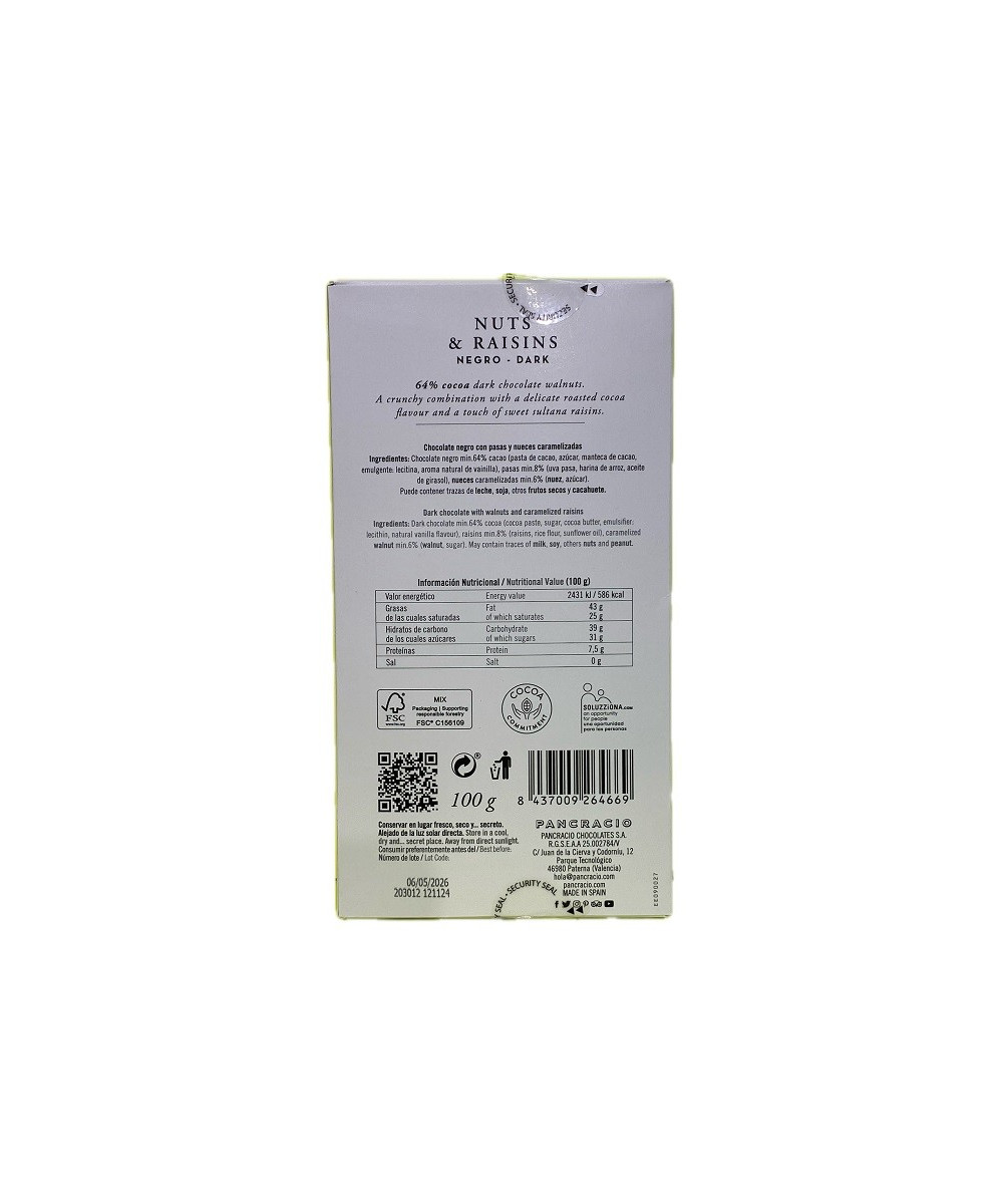 TABLETA CHOCOLATE NEGRO 64% PASAS Y NUECES PANCRACIO 100G – GOURMET ARTESANAL