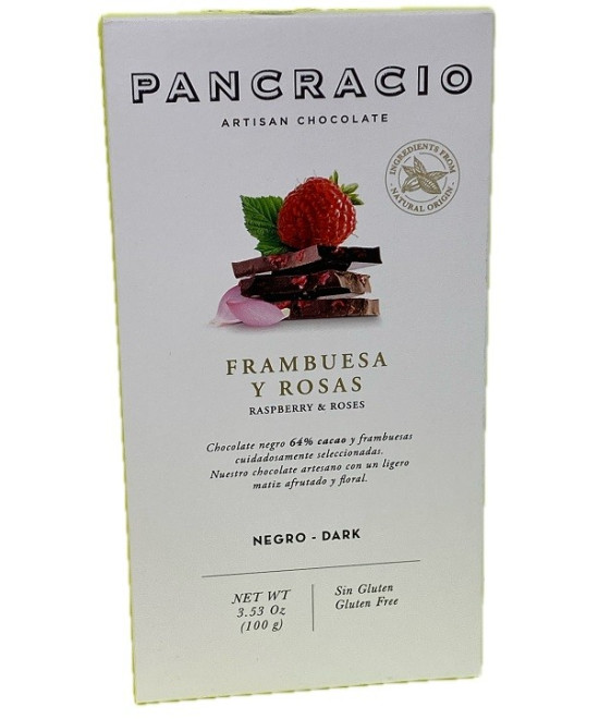 TABLETA CHOCOLATE NEGRO 64% FRAMBUESAS Y ROSAS PANCRACIO 100G – GOURMET ESPAÑOL