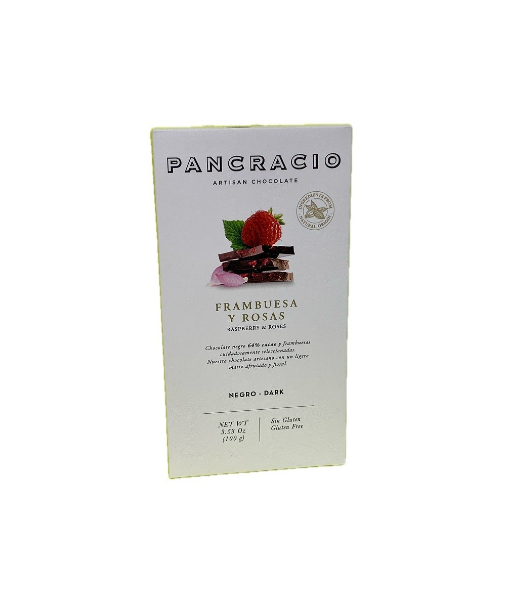 TABLETA CHOCOLATE NEGRO 64% FRAMBUESAS Y ROSAS PANCRACIO 100G – GOURMET ESPAÑOL