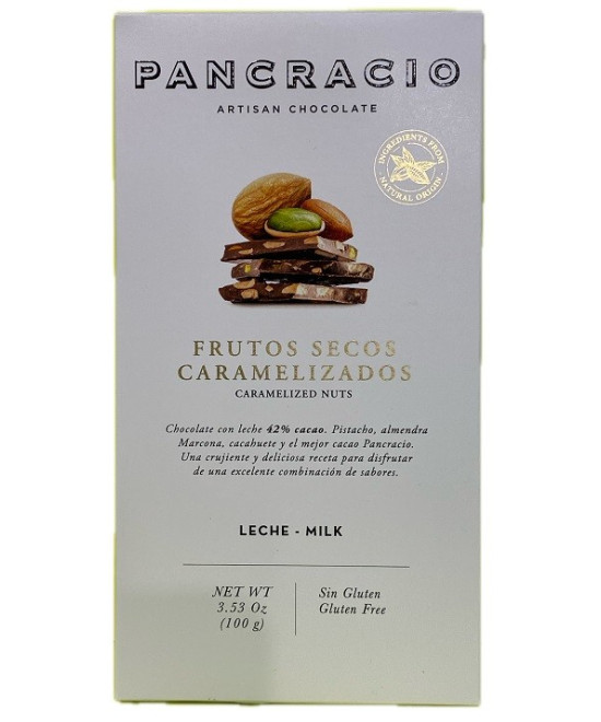 TABLETA CHOCOLATE CON LECHE 42% FRUTOS SECOS CARAMELIZADOS PANCRACIO 100G – GOURMET