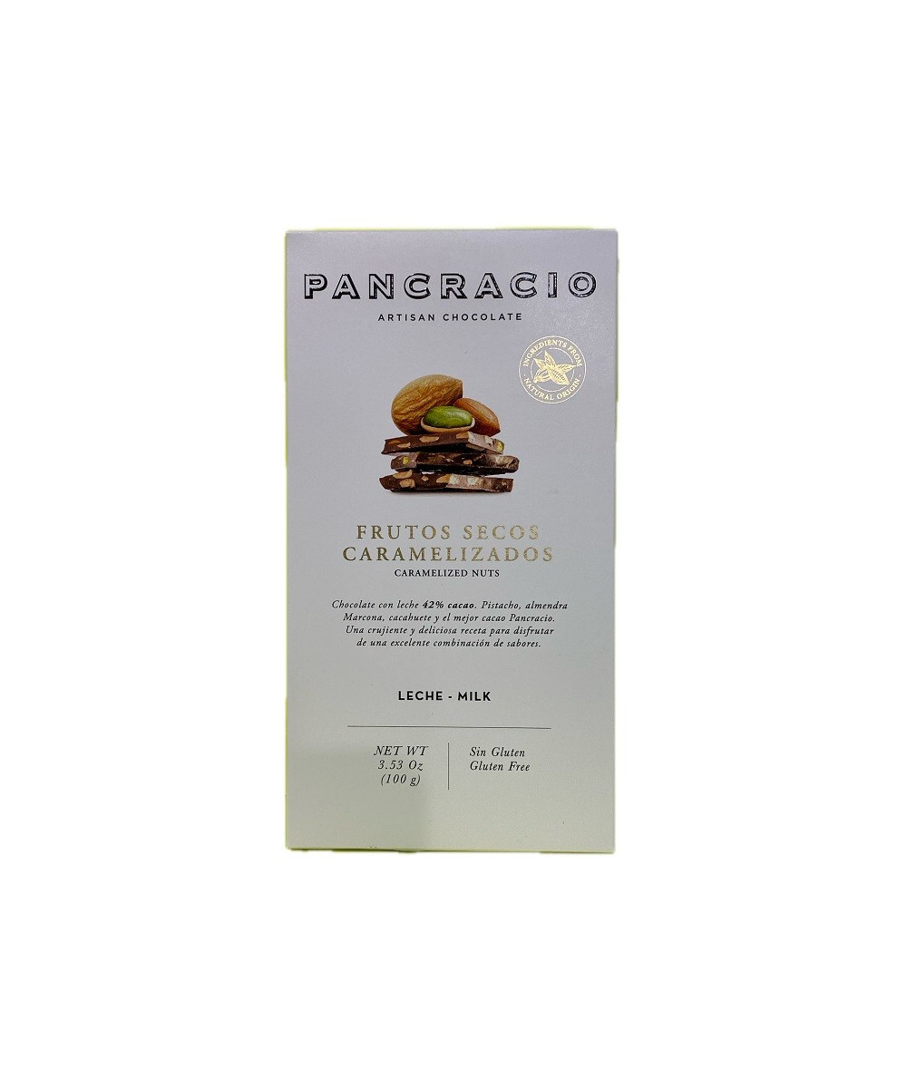 TABLETA CHOCOLATE CON LECHE 42% FRUTOS SECOS CARAMELIZADOS PANCRACIO 100G – GOURMET