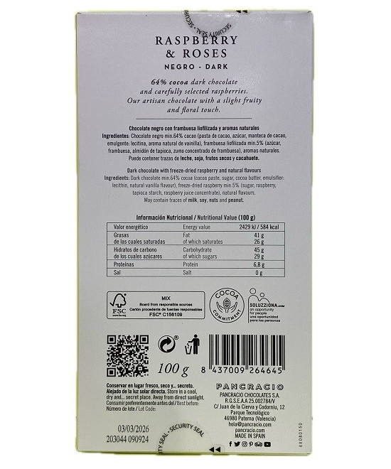 TABLETA CHOCOLATE NEGRO 64% FRAMBUESAS Y ROSAS PANCRACIO 100G – GOURMET ESPAÑOL