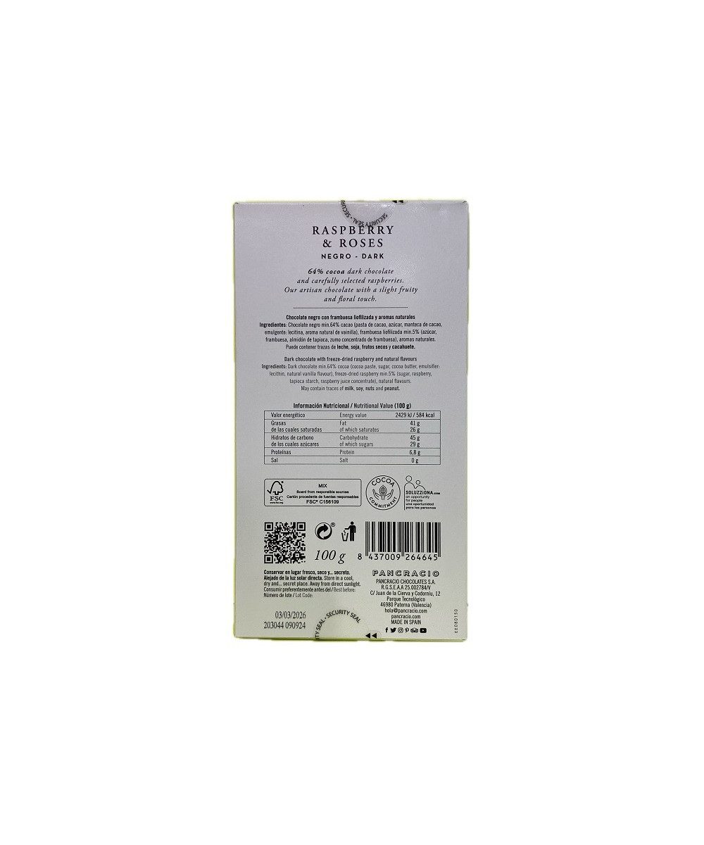 TABLETA CHOCOLATE NEGRO 64% FRAMBUESAS Y ROSAS PANCRACIO 100G – GOURMET ESPAÑOL