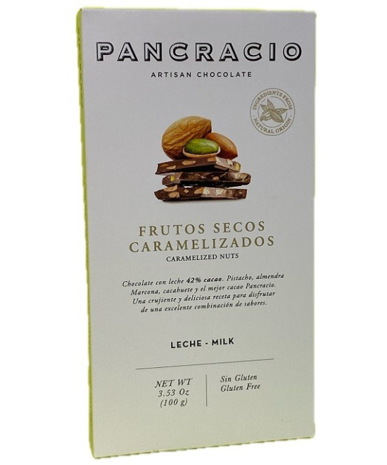 TABLETA CHOCOLATE CON LECHE 42% FRUTOS SECOS CARAMELIZADOS PANCRACIO 100G – GOURMET