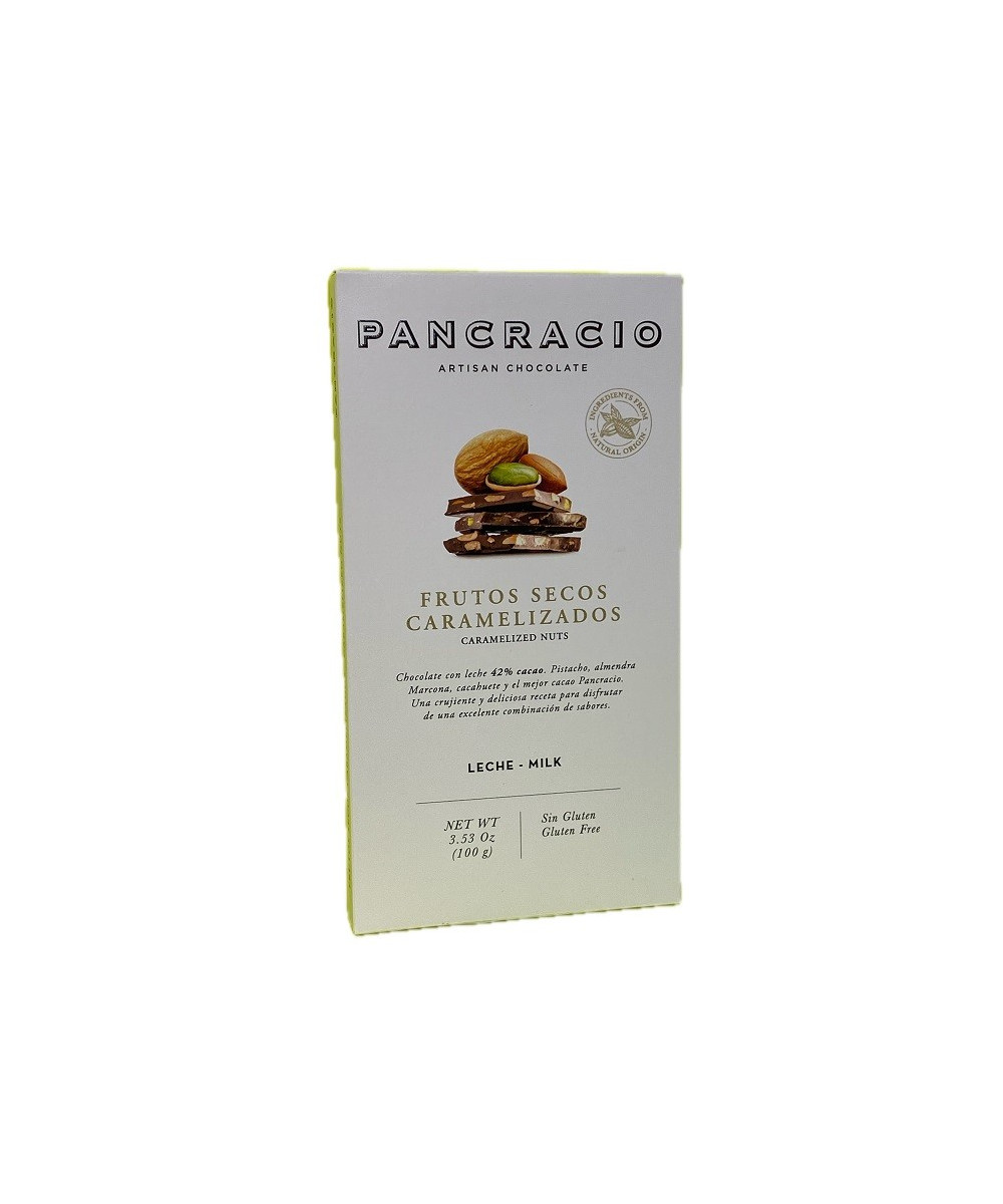 TABLETA CHOCOLATE CON LECHE 42% FRUTOS SECOS CARAMELIZADOS PANCRACIO 100G – GOURMET