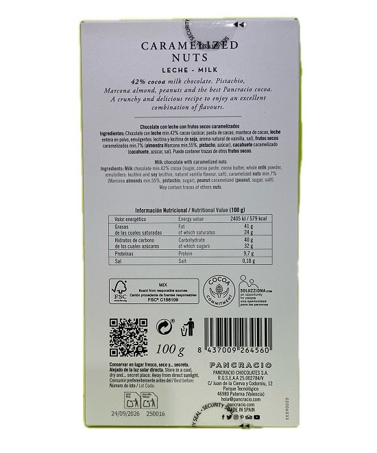 TABLETA CHOCOLATE CON LECHE 42% FRUTOS SECOS CARAMELIZADOS PANCRACIO 100G – GOURMET