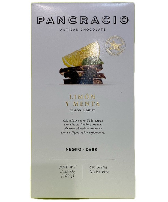 TABLETA CHOCOLATE NEGRO 64% LIMÓN Y MENTA PANCRACIO 100G – GOURMET ARTESANAL
