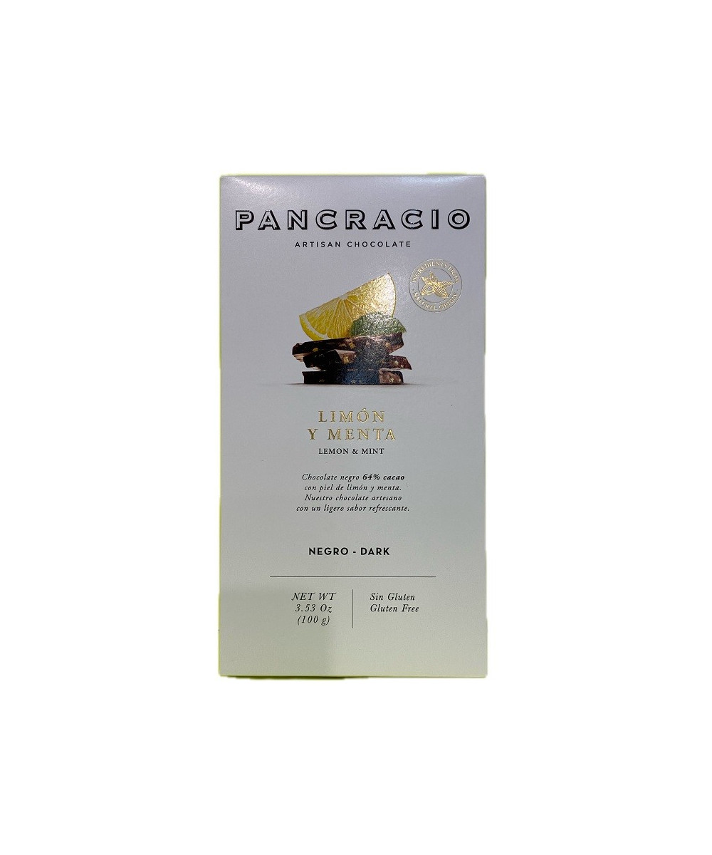 TABLETA CHOCOLATE NEGRO 64% LIMÓN Y MENTA PANCRACIO 100G – GOURMET ARTESANAL