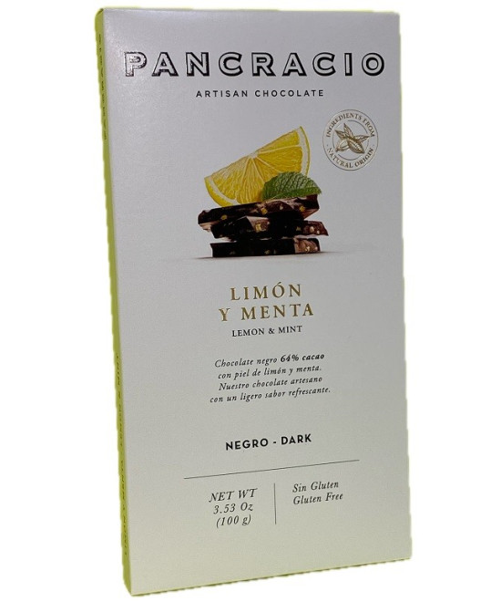 TABLETA CHOCOLATE NEGRO 64% LIMÓN Y MENTA PANCRACIO 100G – GOURMET ARTESANAL