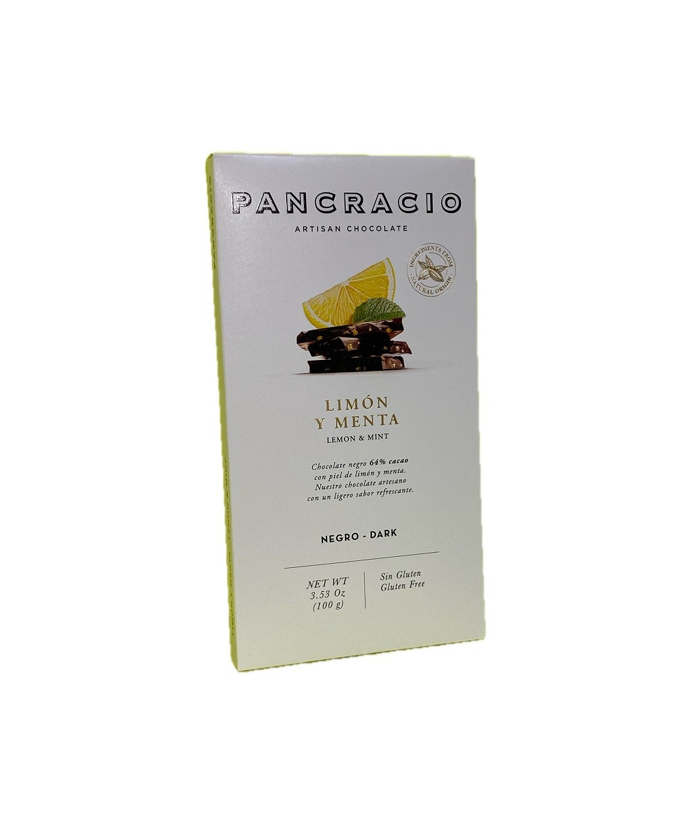 TABLETA CHOCOLATE NEGRO 64% LIMÓN Y MENTA PANCRACIO 100G – GOURMET ARTESANAL