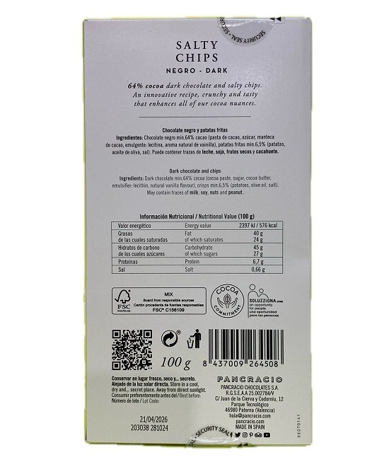 TABLETA CHOCOLATE NEGRO 64% CHIPS CON SAL PANCRACIO 100G – GOURMET ARTESANAL