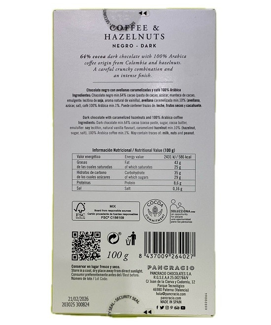 TABLETA CHOCOLATE NEGRO 64% CAFÉ Y AVELLANAS PANCRACIO 100G – GOURMET ARTESANAL
