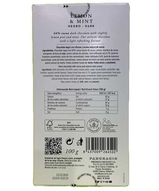 TABLETA CHOCOLATE NEGRO 64% LIMÓN Y MENTA PANCRACIO 100G – GOURMET ARTESANAL