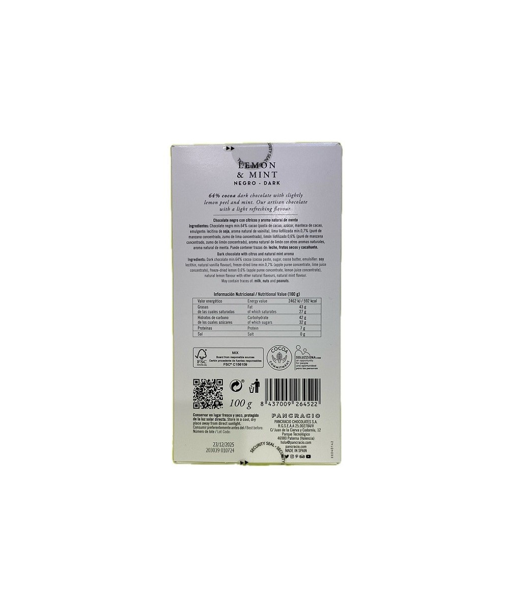 TABLETA CHOCOLATE NEGRO 64% LIMÓN Y MENTA PANCRACIO 100G – GOURMET ARTESANAL