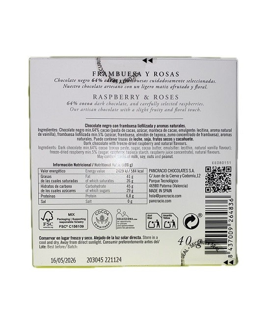 MINI TABLETA CHOCOLATE NEGRO 64% FRAMBUESA Y ROSAS PANCRACIO 40G – GOURMET ESPAÑOL