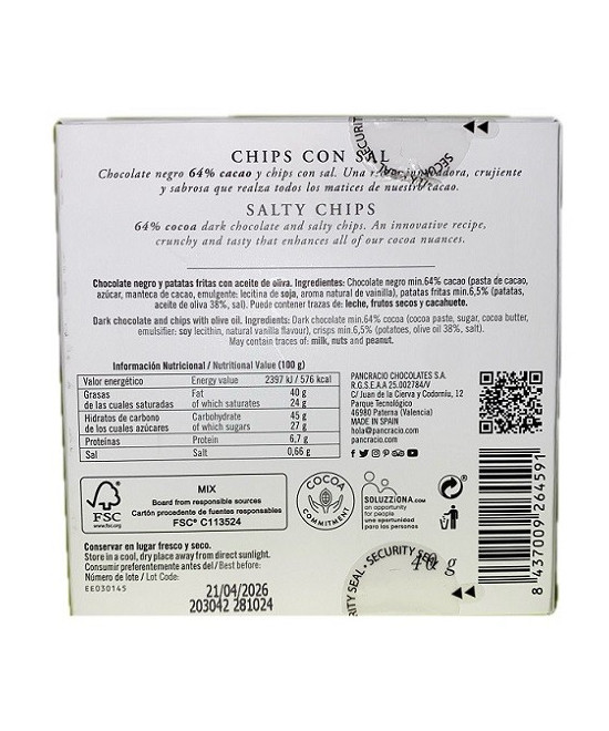 MINI TABLETA CHOCOLATE NEGRO 64% CHIPS CON SAL PANCRACIO 40G – GOURMET ESPAÑOL