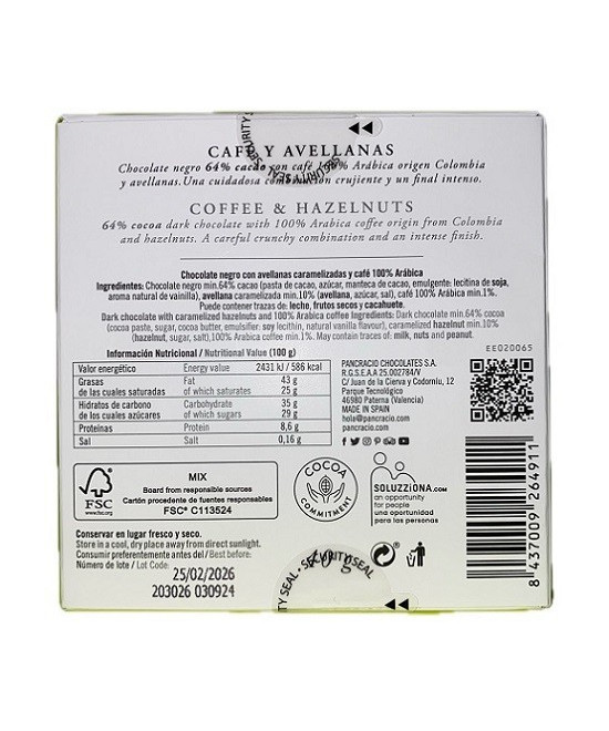 MINI TABLETA CHOCOLATE NEGRO 64% CAFÉ Y AVELLANAS PANCRACIO 40G – GOURMET ESPAÑOL